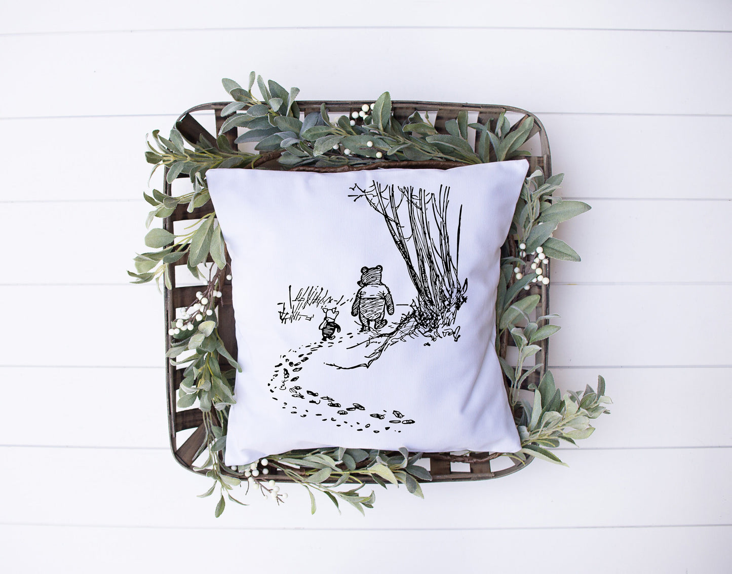 Winnie The Pooh Walking Through The Woods | Black, White | Piglet | Decorative Pillow | Custom Designed | Made In The USA