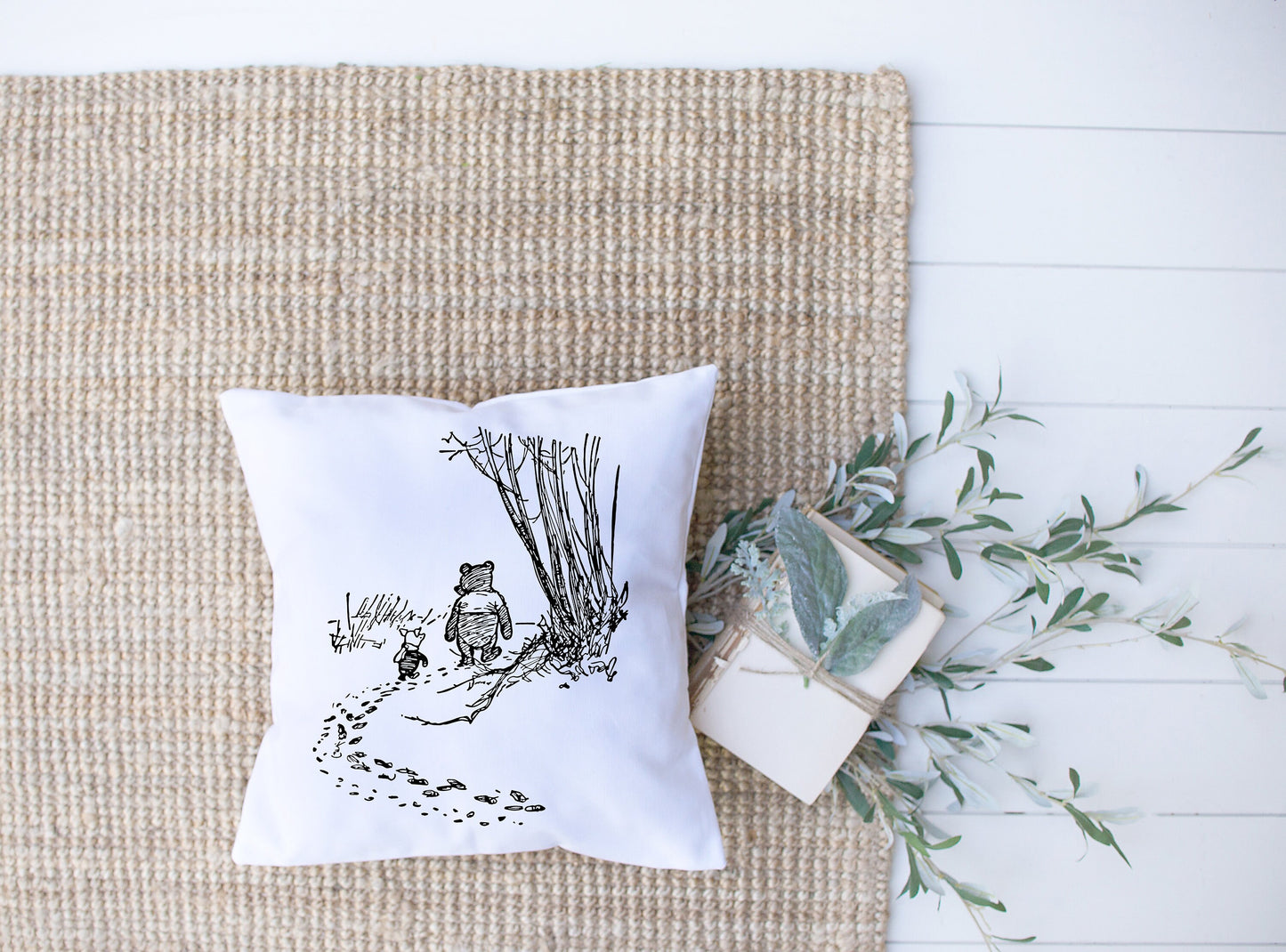 Winnie The Pooh Walking Through The Woods | Black, White | Piglet | Decorative Pillow | Custom Designed | Made In The USA