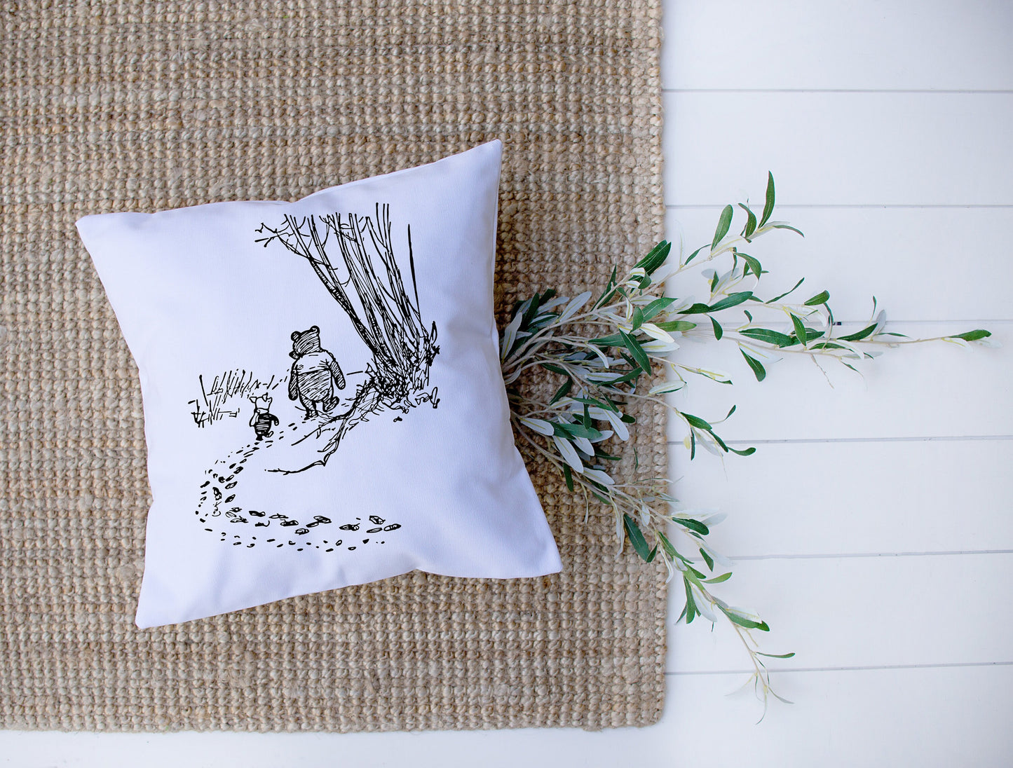 Winnie The Pooh Walking Through The Woods | Black, White | Piglet | Decorative Pillow | Custom Designed | Made In The USA