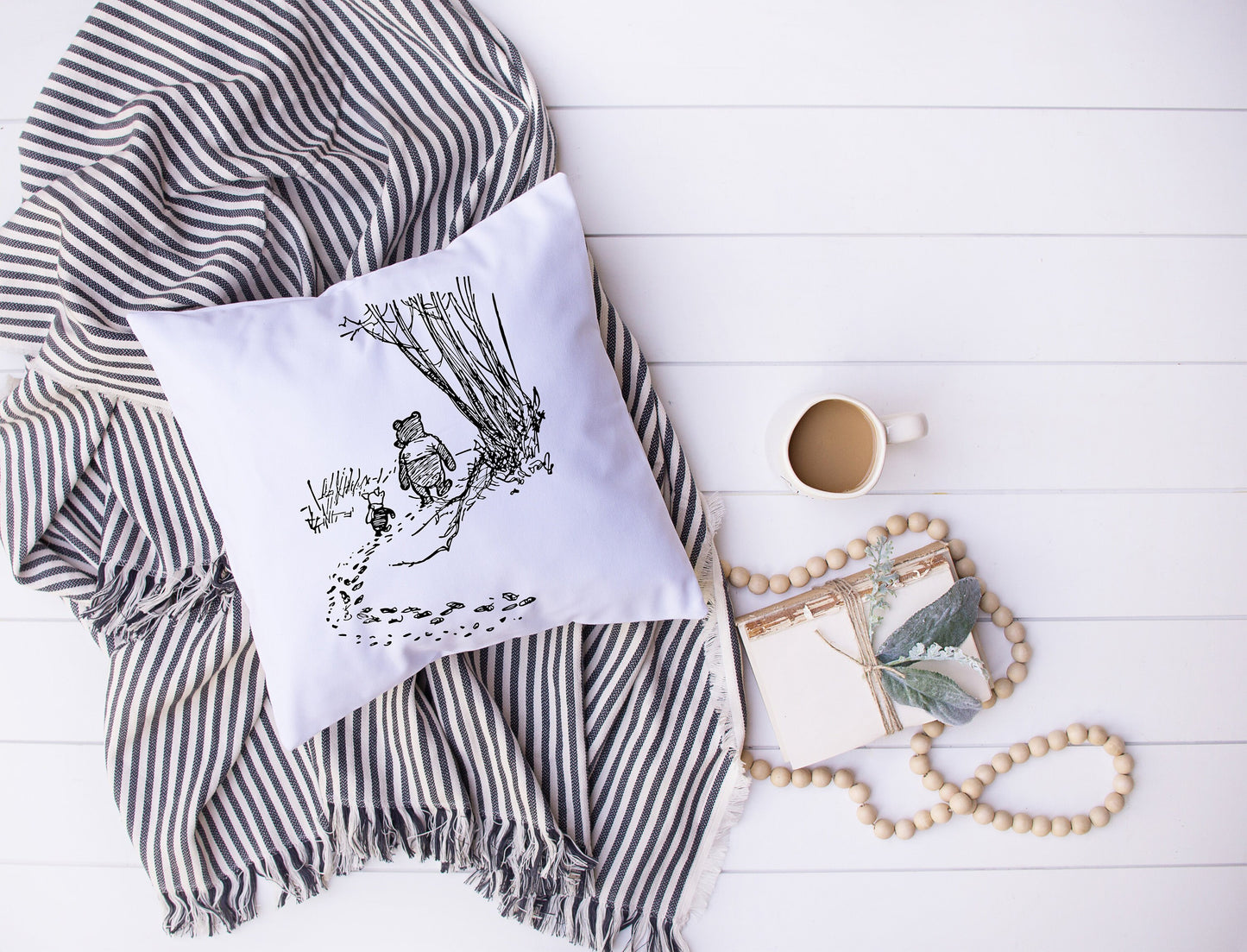 Winnie The Pooh Walking Through The Woods | Black, White | Piglet | Decorative Pillow | Custom Designed | Made In The USA