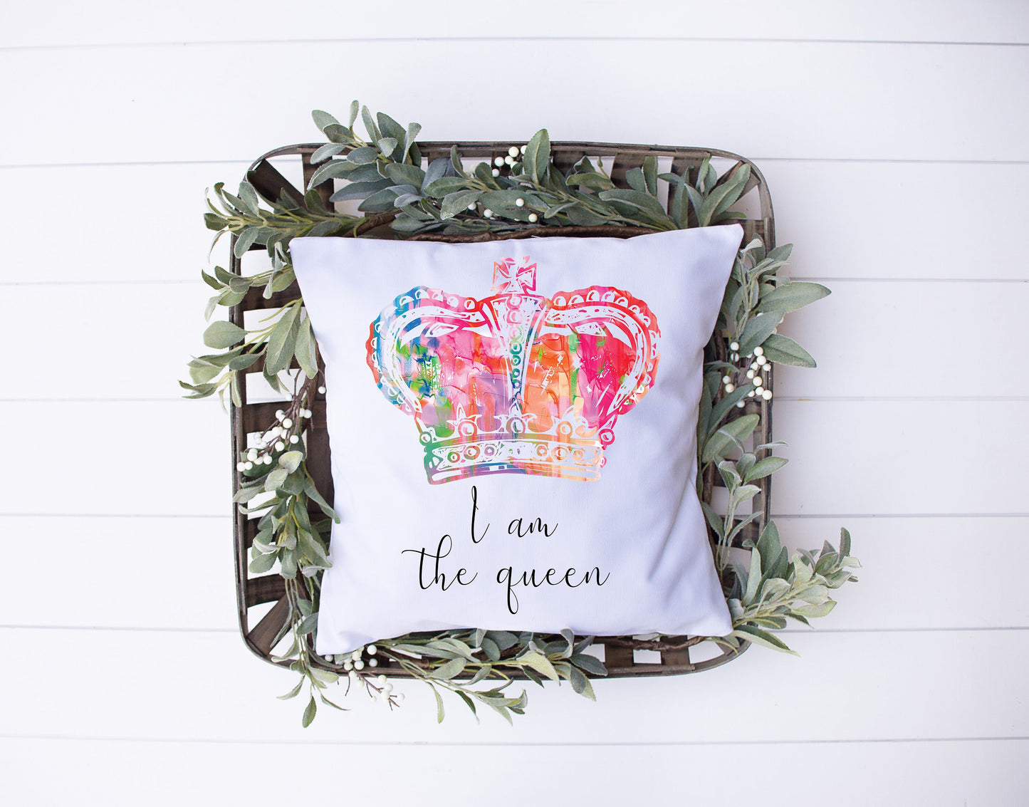 I Am The Queen | Black, White, Rainbow | Crown | Decorative Pillow | Custom Designed | Made In The USA