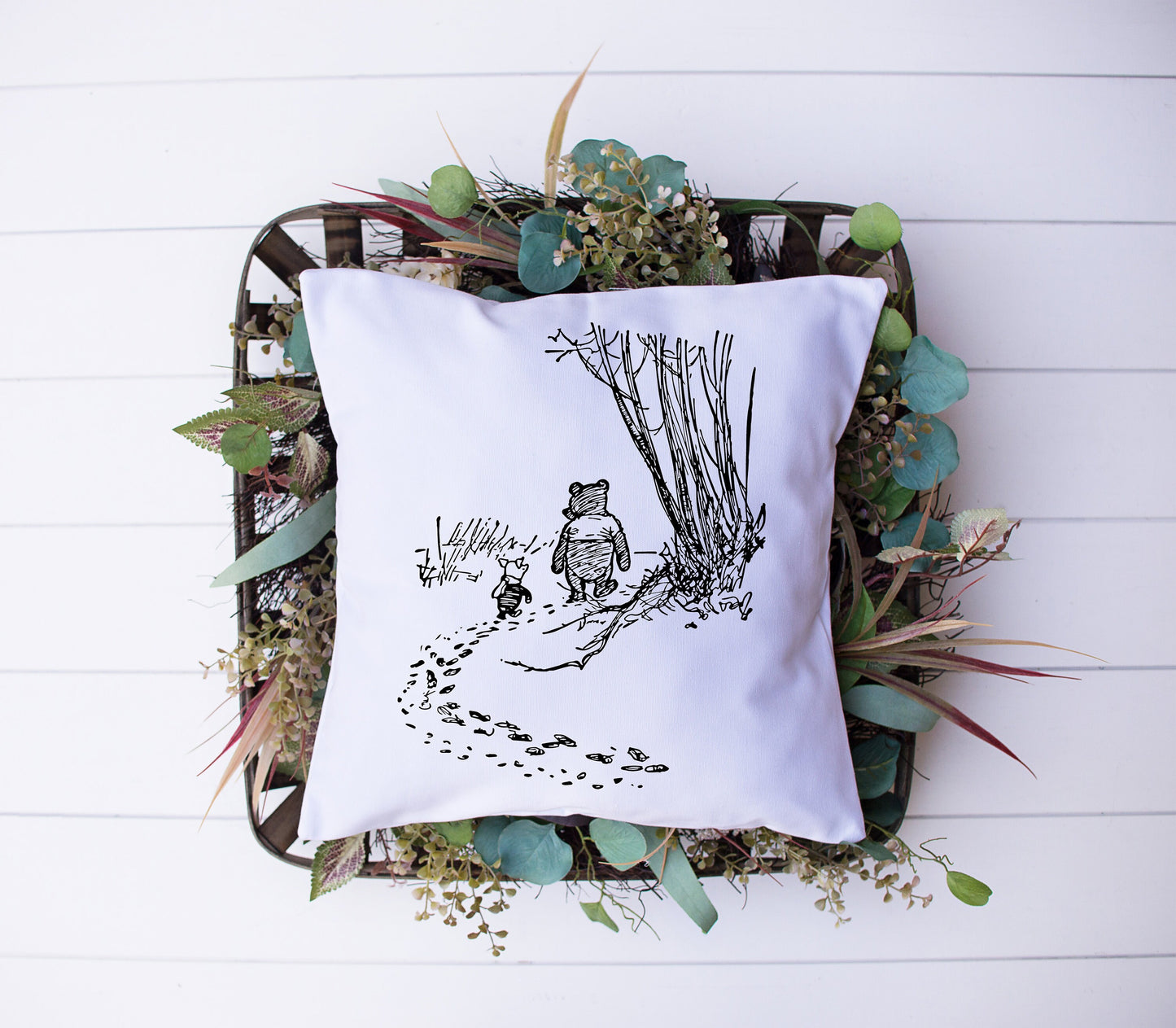 Winnie The Pooh Walking Through The Woods | Black, White | Piglet | Decorative Pillow | Custom Designed | Made In The USA