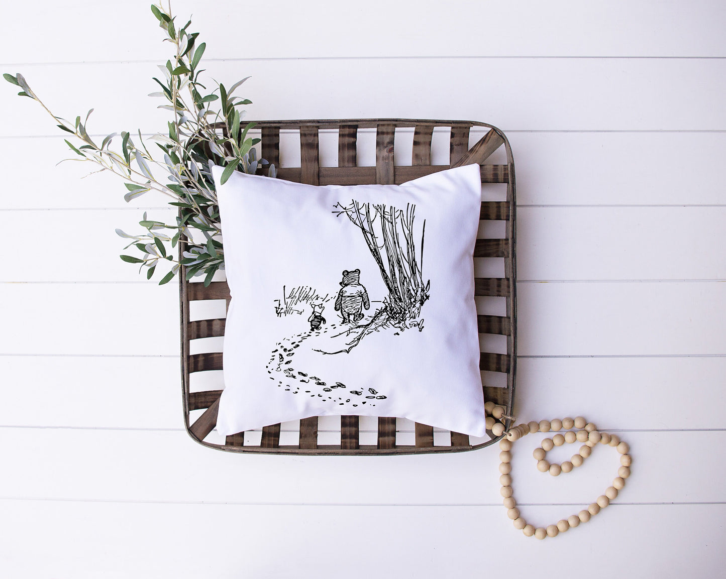 Winnie The Pooh Walking Through The Woods | Black, White | Piglet | Decorative Pillow | Custom Designed | Made In The USA
