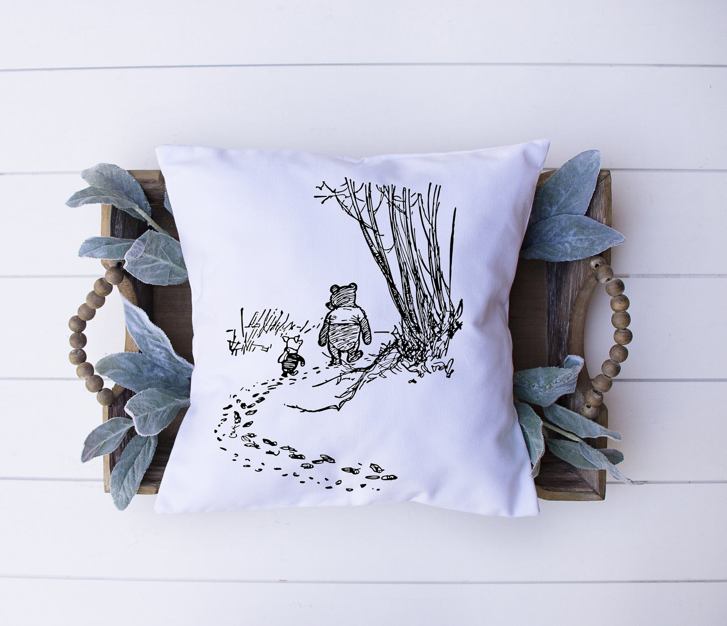 Winnie The Pooh Walking Through The Woods | Black, White | Piglet | Decorative Pillow | Custom Designed | Made In The USA