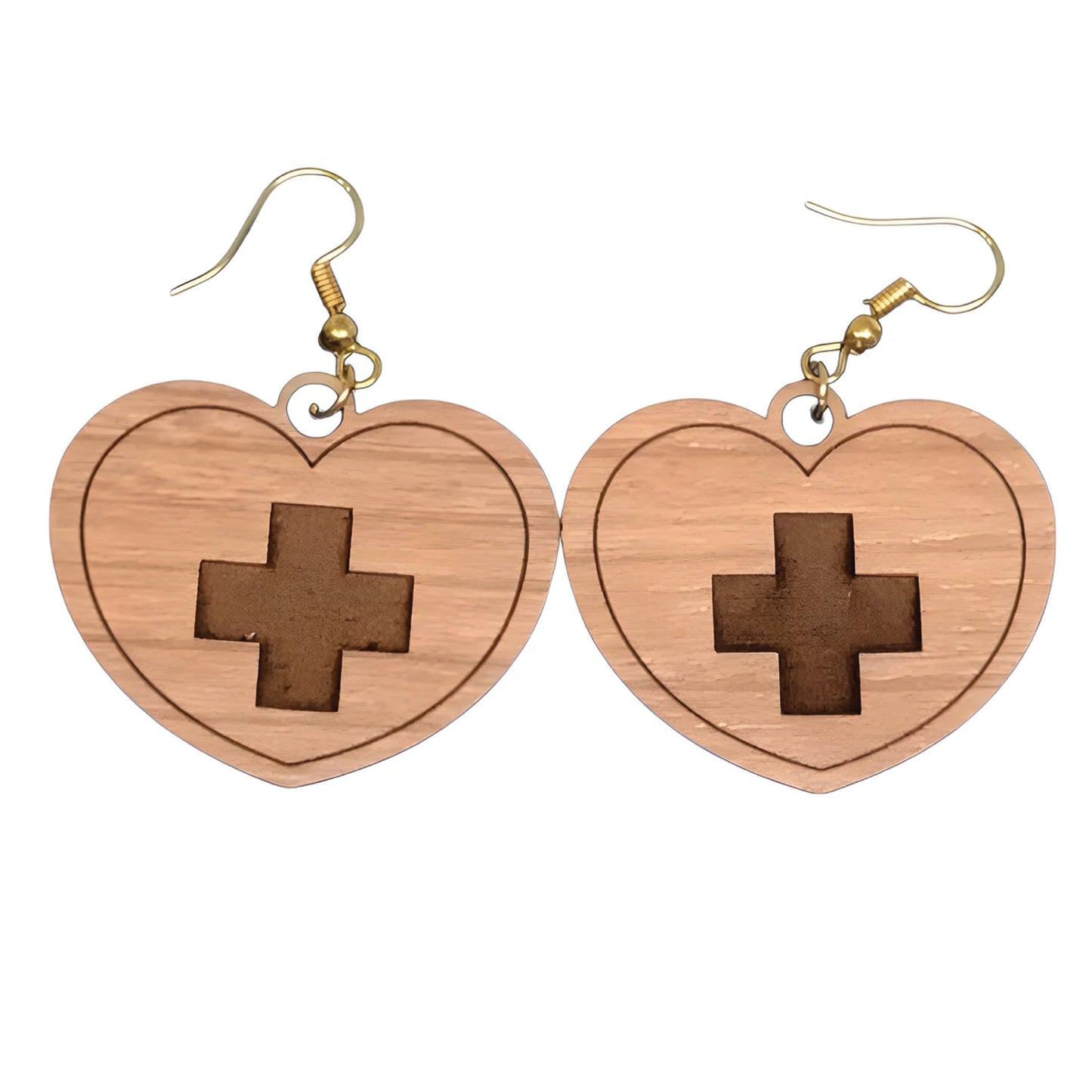 Heart and Red Cross Earrings, Wood, Handcrafted, Medical Professional Gift, Pre-Med Student Gift, Health Care Jewelry, Unique Accessory