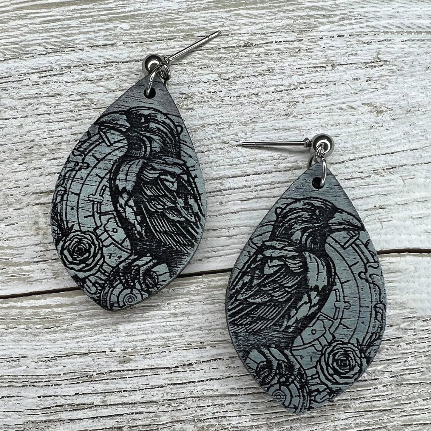Raven Teardrop Earrings, Baltic Birch, Paintable, Gothic Halloween Jewelry, Unique Gift, Dark Fashion Accessory, Versatile Earrings