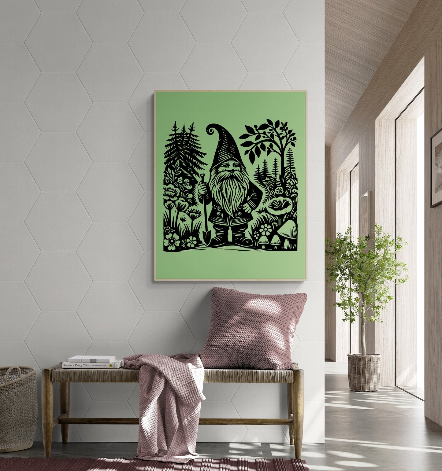 Whimsical Garden Gnome Quirky Botanical Garden Linograph Linocut Art Print