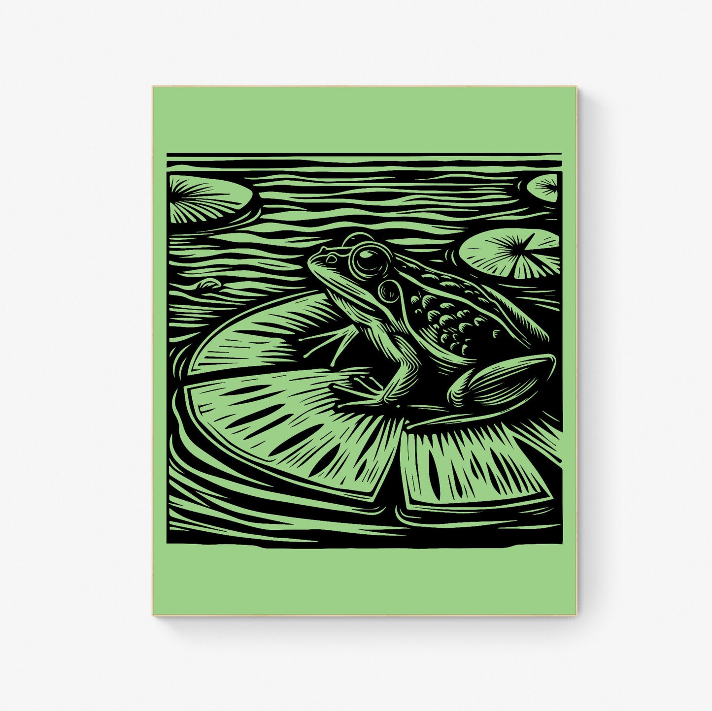 Serene Pond Observer Frog on Lily Pad Lithograph Art Print