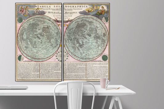 Map of the Moon | 1707 Antique Geography | Space Poster | Lunar Art Print | Set of Two