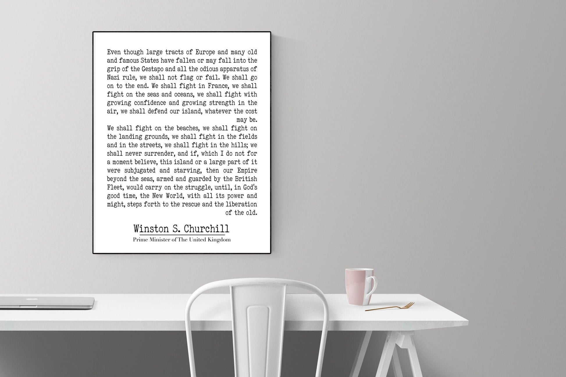 Winston Churchill Life Quote | We Shall Fight On The Beaches | Modern Minimalist Art | Inspirational Print | Black & White | Office Decor