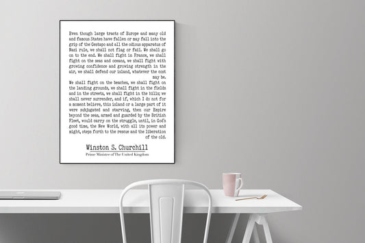 Winston Churchill Life Quote | We Shall Fight On The Beaches | Modern Minimalist Art | Inspirational Print | Black & White | Office Decor