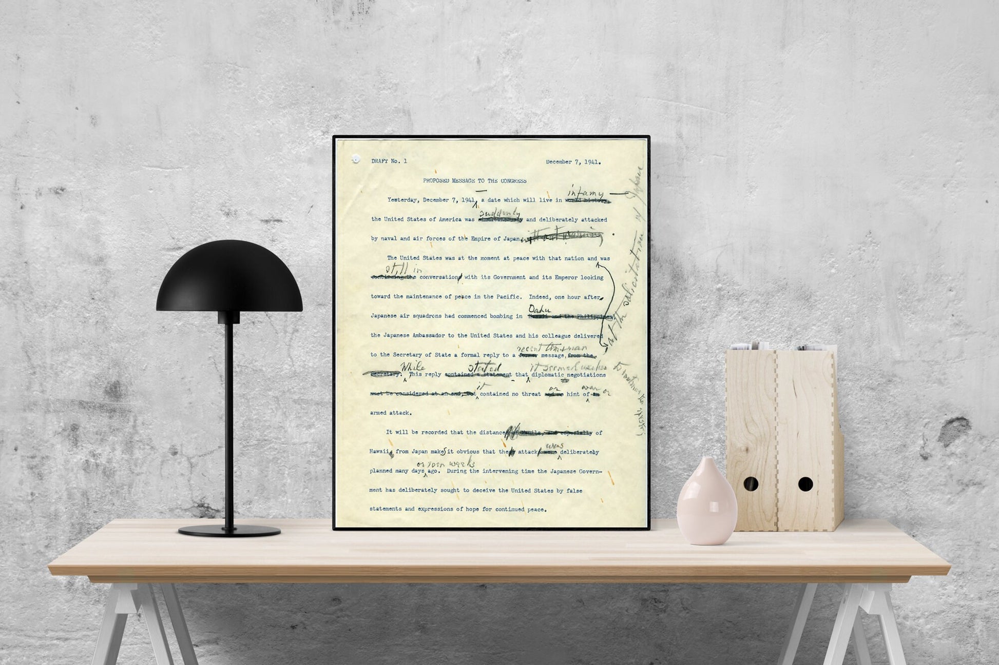 A Day Which Will Live In Infamy Original Draft | Franklin Delano Roosevelt | FDR | Attack On Pearl Harbor | World War 2 | Art Print