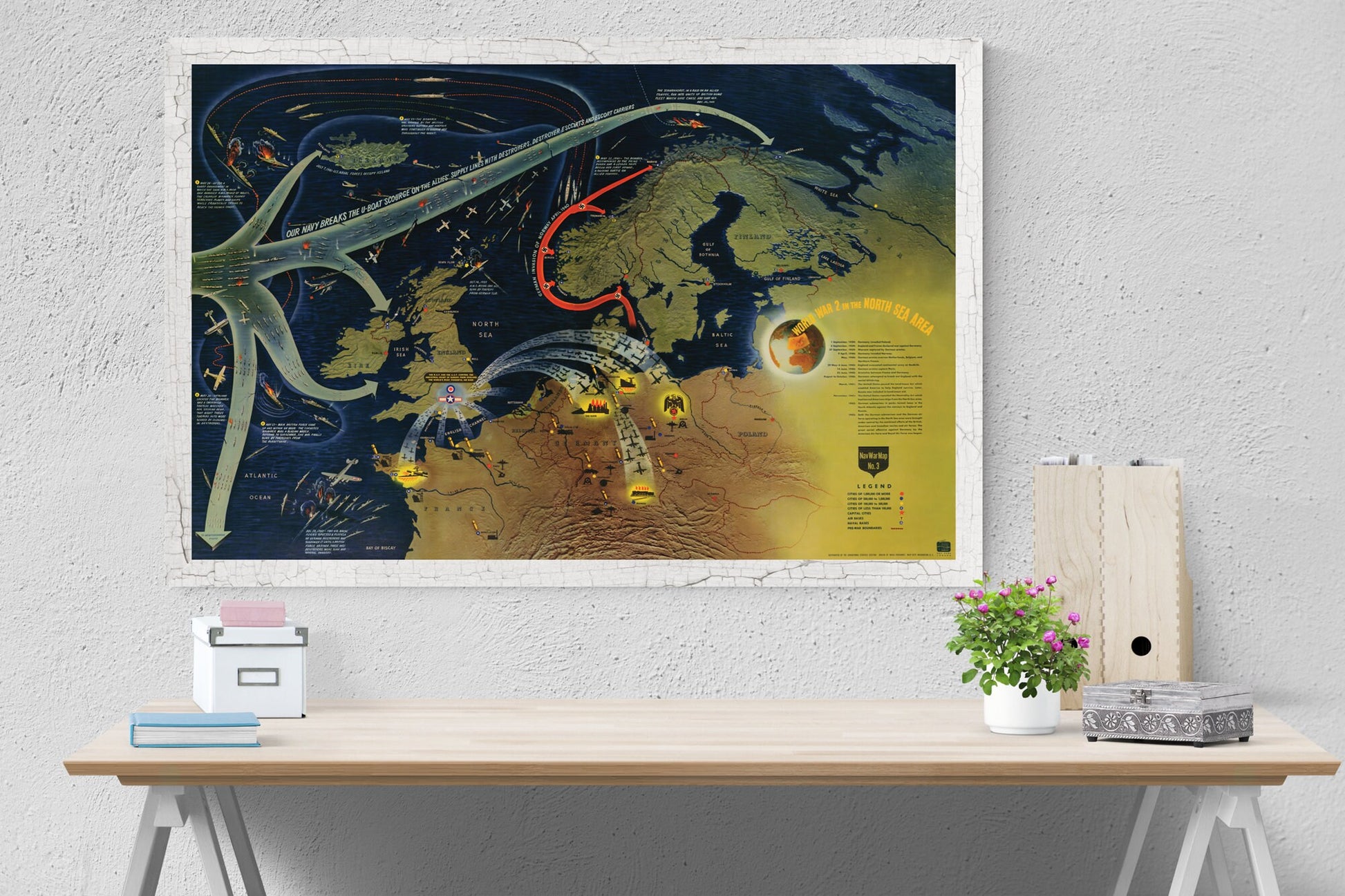 World War II In The North Sea Area Map | Operation Overlord | Dwight Eisenhower | World War 2 | Art Print