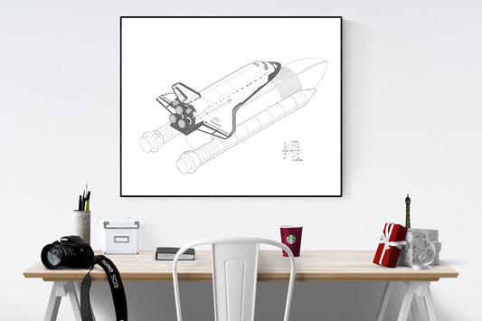 Full Isometric View of the Space Shuttle Launch Stack Assembly | Discovery Space Shuttle | Blueprint Design | NASA Art Print