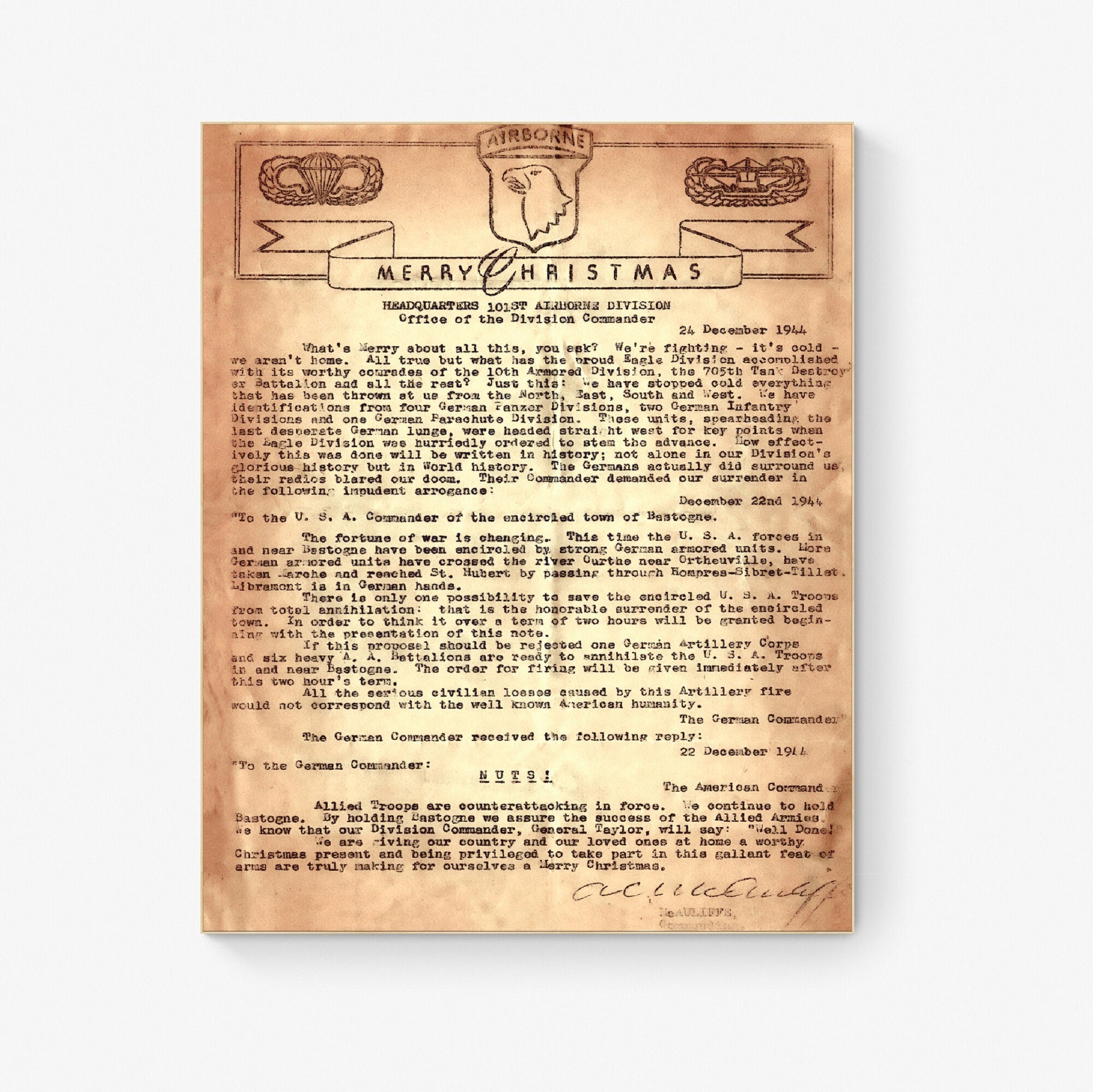 WW2 Military Letter Art Print | To The German Commander Nuts | Battle of the Bulge | Vintage | Original Document | World War 2 | Poster