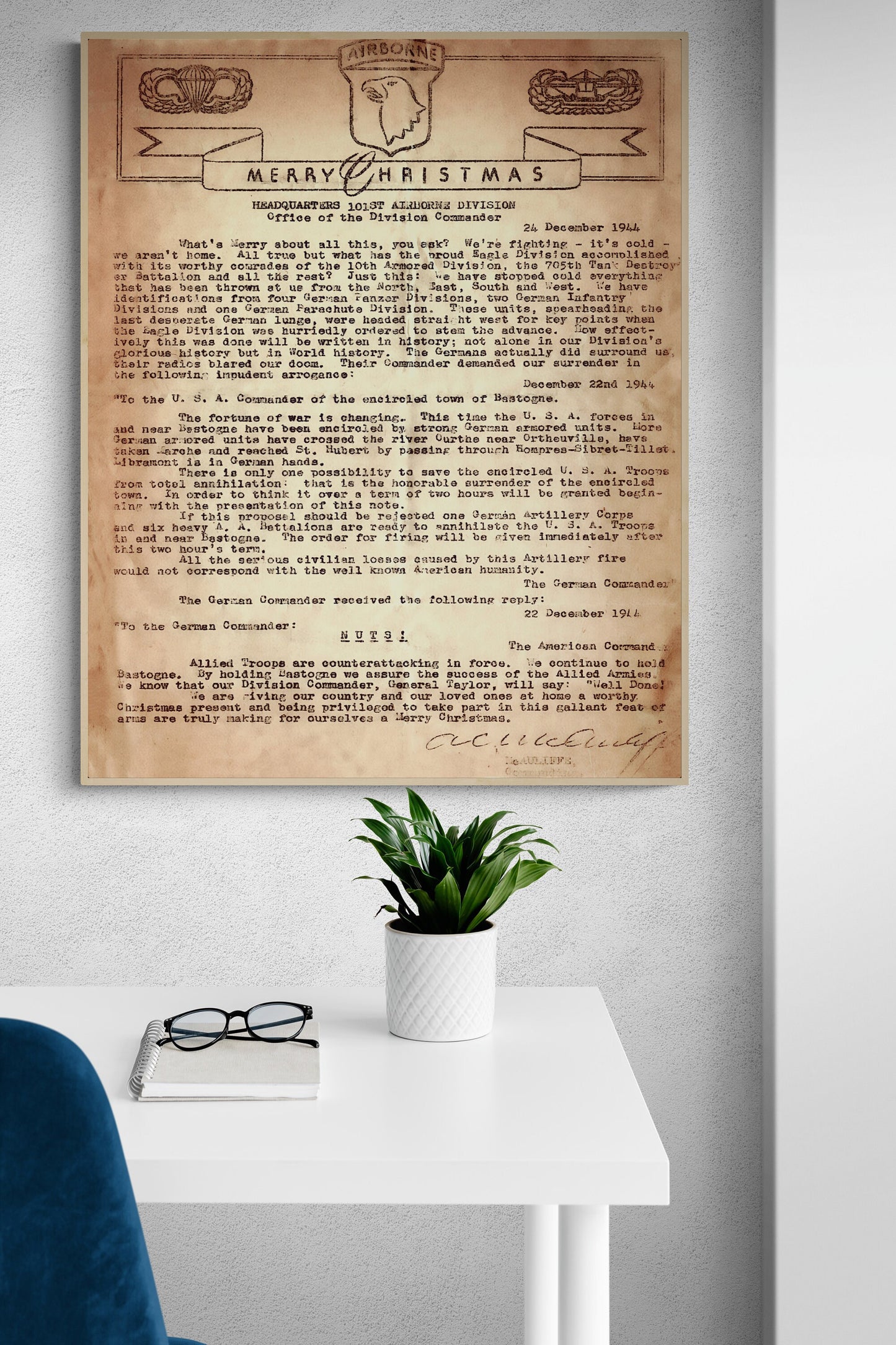 To The German Commander Nuts | Battle of the Bulge | 101st Airborne Division | Original Document | World War 2 | Art Print