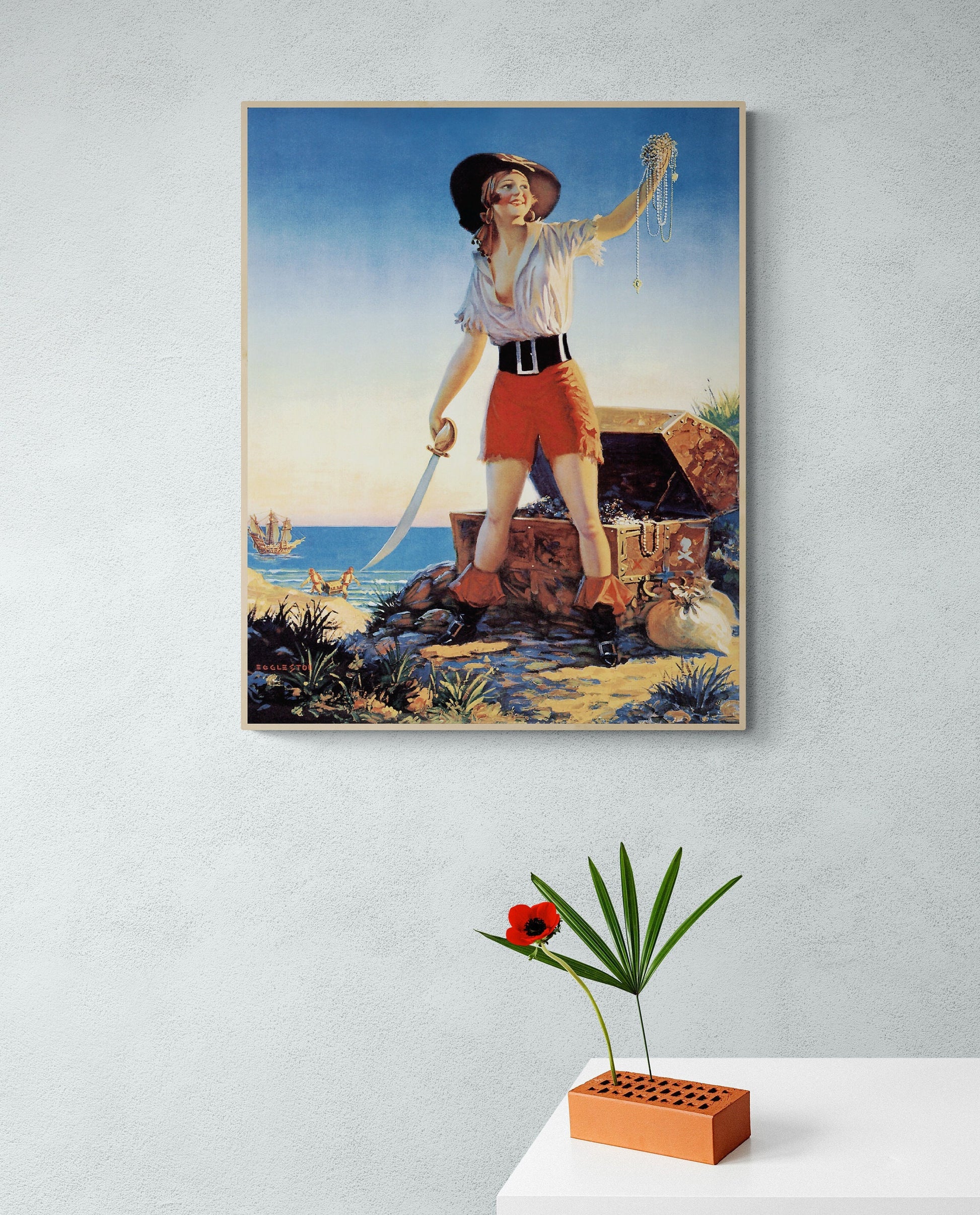 Edward Eggleston Treasure Princess Art Print – Vintage Pirate Pin-Up Wall Decor – Classic Retro Illustration Home – Decor Poster