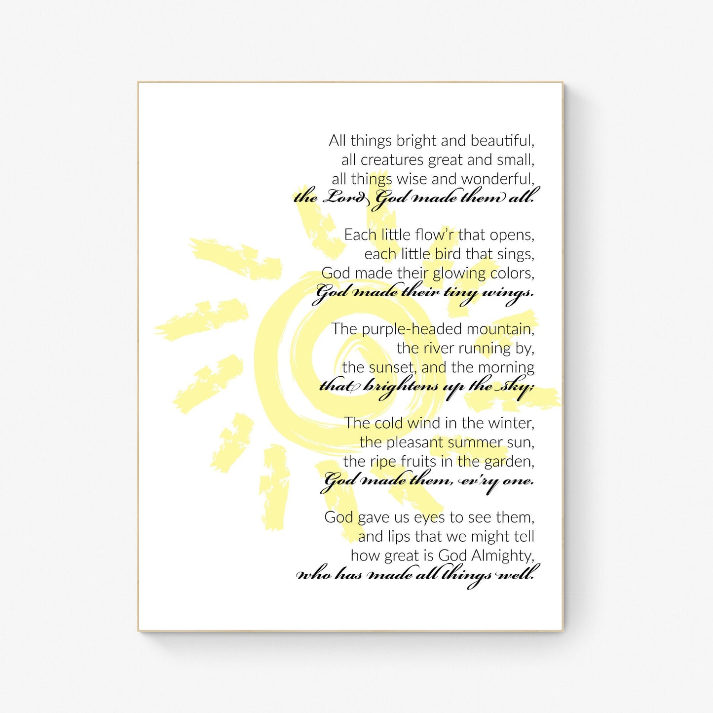 All Things Bright and Beautiful Lyrics Wall Art - Perfect Gift for Nature Lovers and Music Enthusiasts