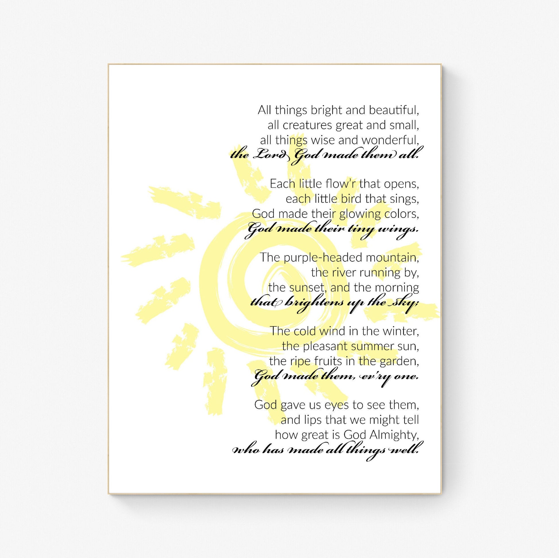 All Things Bright and Beautiful Lyrics Wall Art - Perfect Gift for Nature Lovers and Music Enthusiasts
