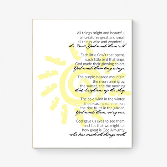 All Things Bright and Beautiful Lyrics Wall Art - Perfect Gift for Nature Lovers and Music Enthusiasts
