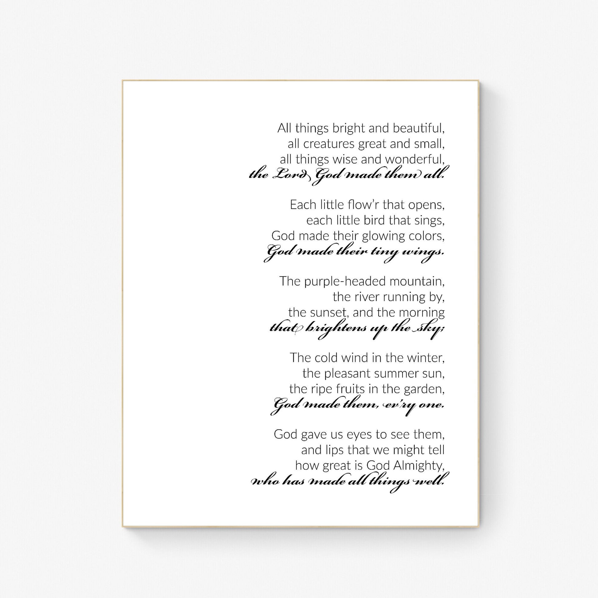 All Things Bright and Beautiful Lyrics Wall Art - Perfect Gift for Nature Lovers and Music Enthusiasts