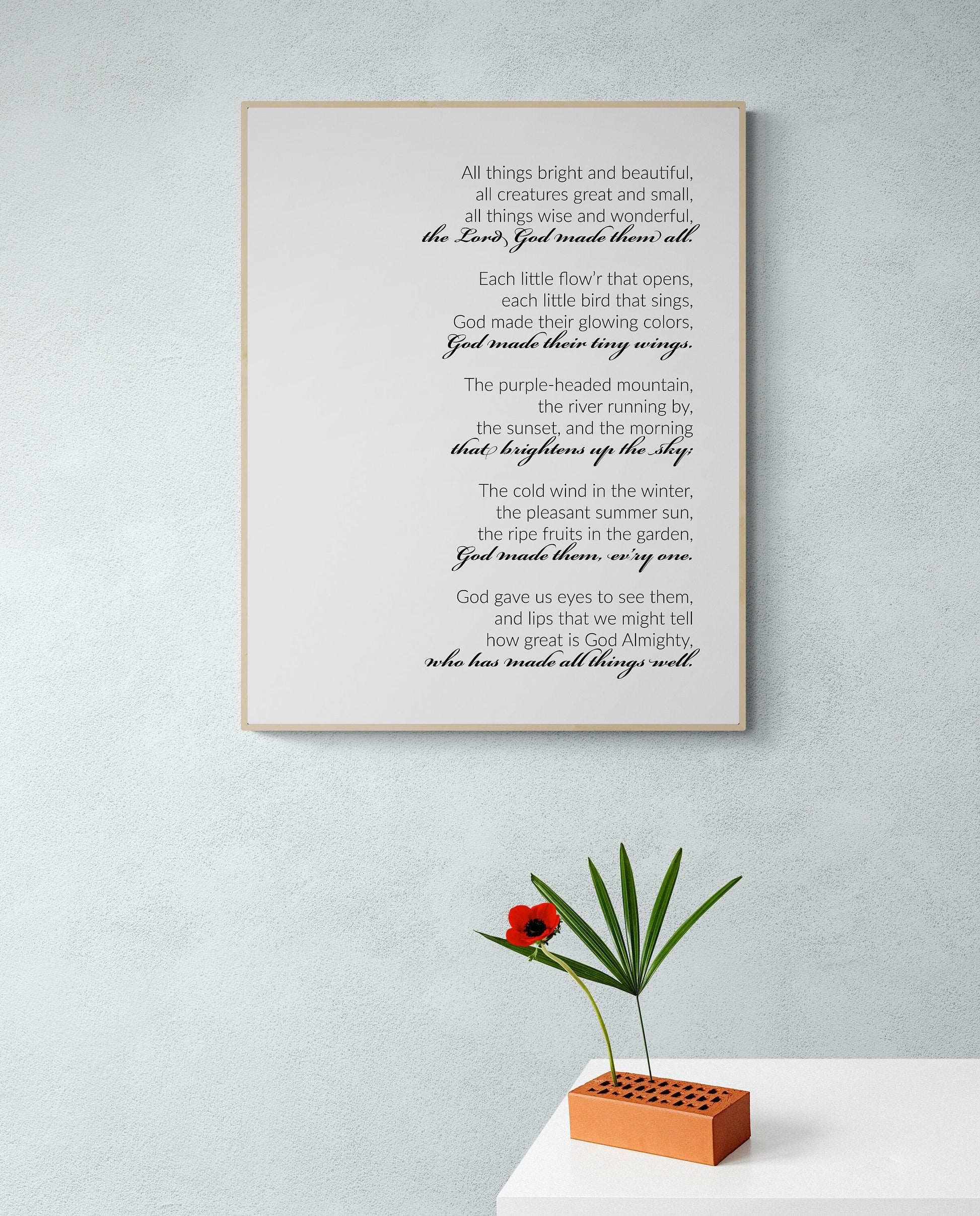 All Things Bright and Beautiful Lyrics Wall Art - Perfect Gift for Nature Lovers and Music Enthusiasts