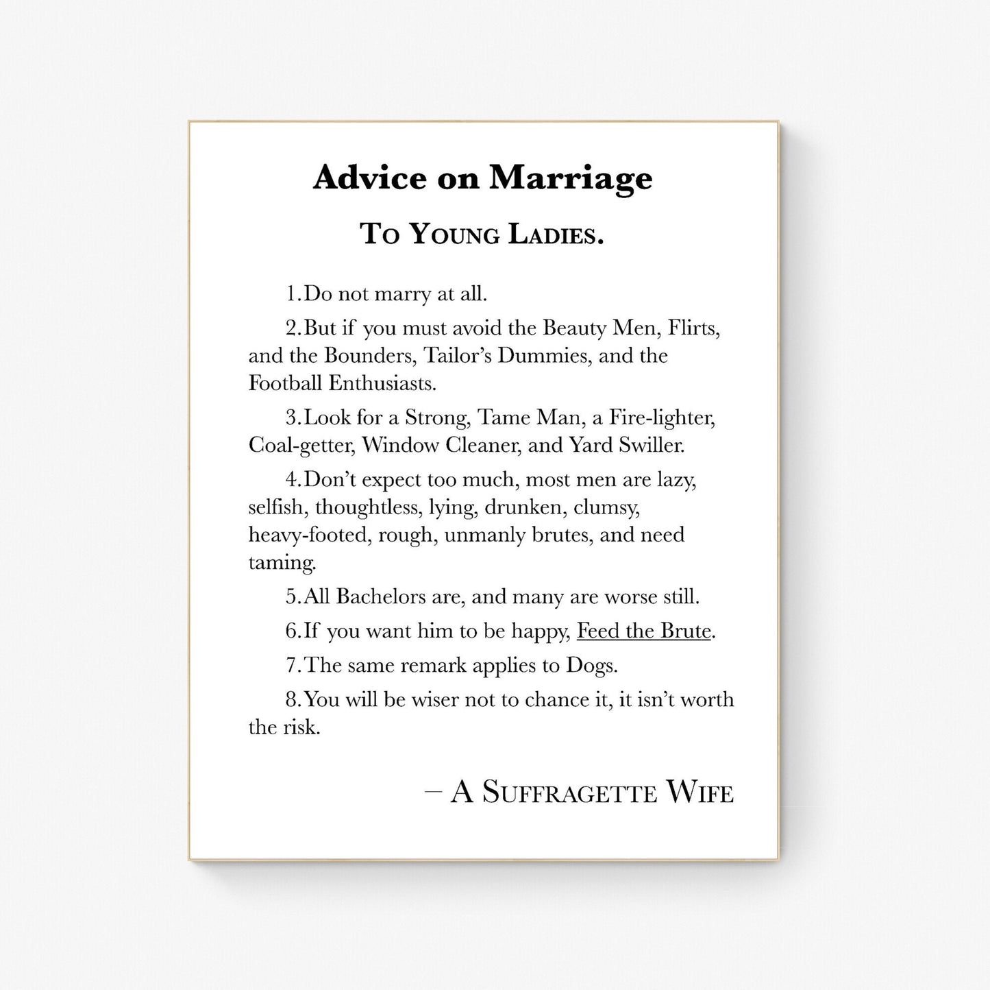 Empowered Elegance: 1918 Suffragette Marriage Advice Typography Print