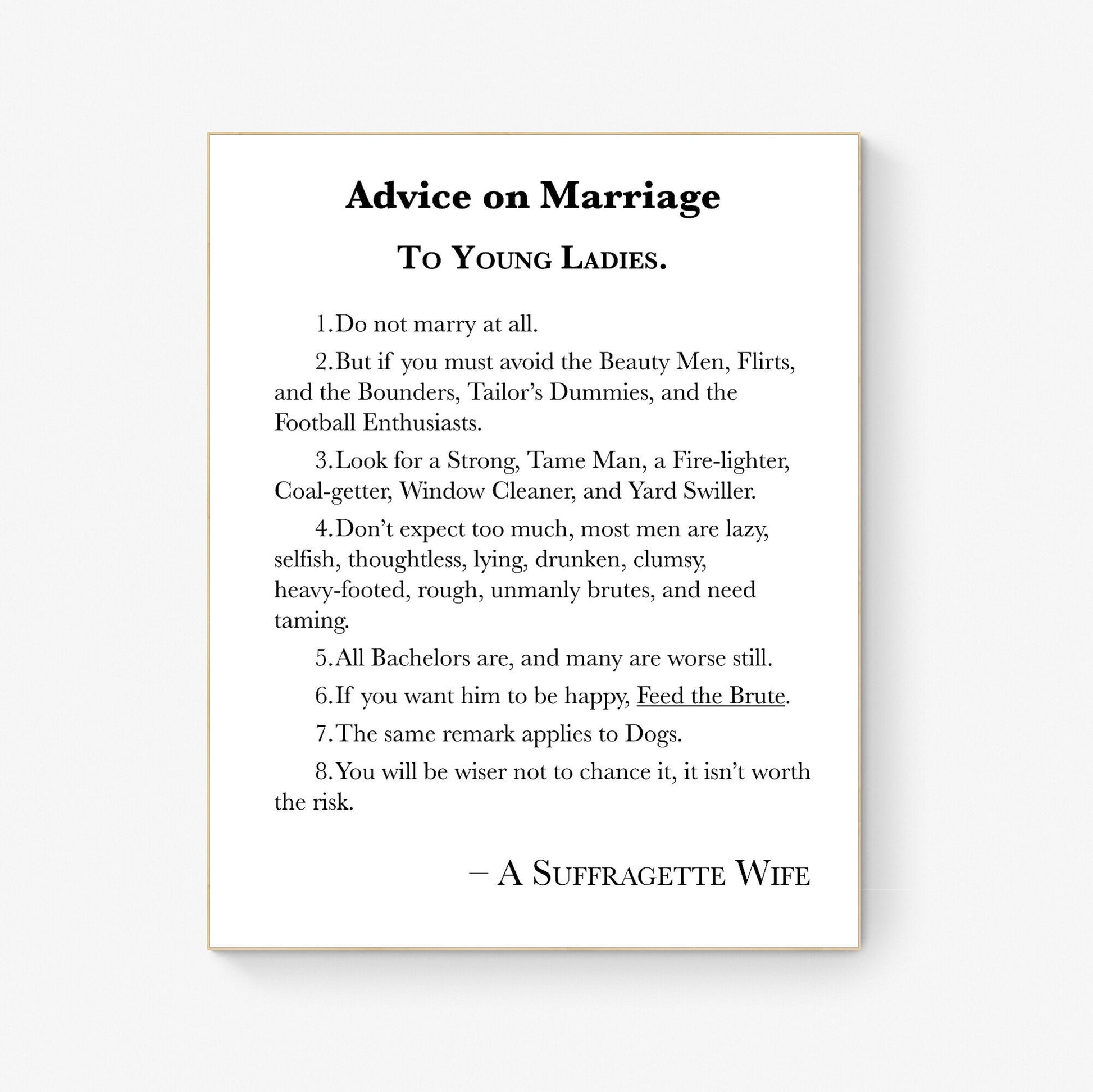 Empowered Elegance: 1918 Suffragette Marriage Advice Typography Print