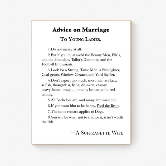 Empowered Elegance: 1918 Suffragette Marriage Advice Typography Print