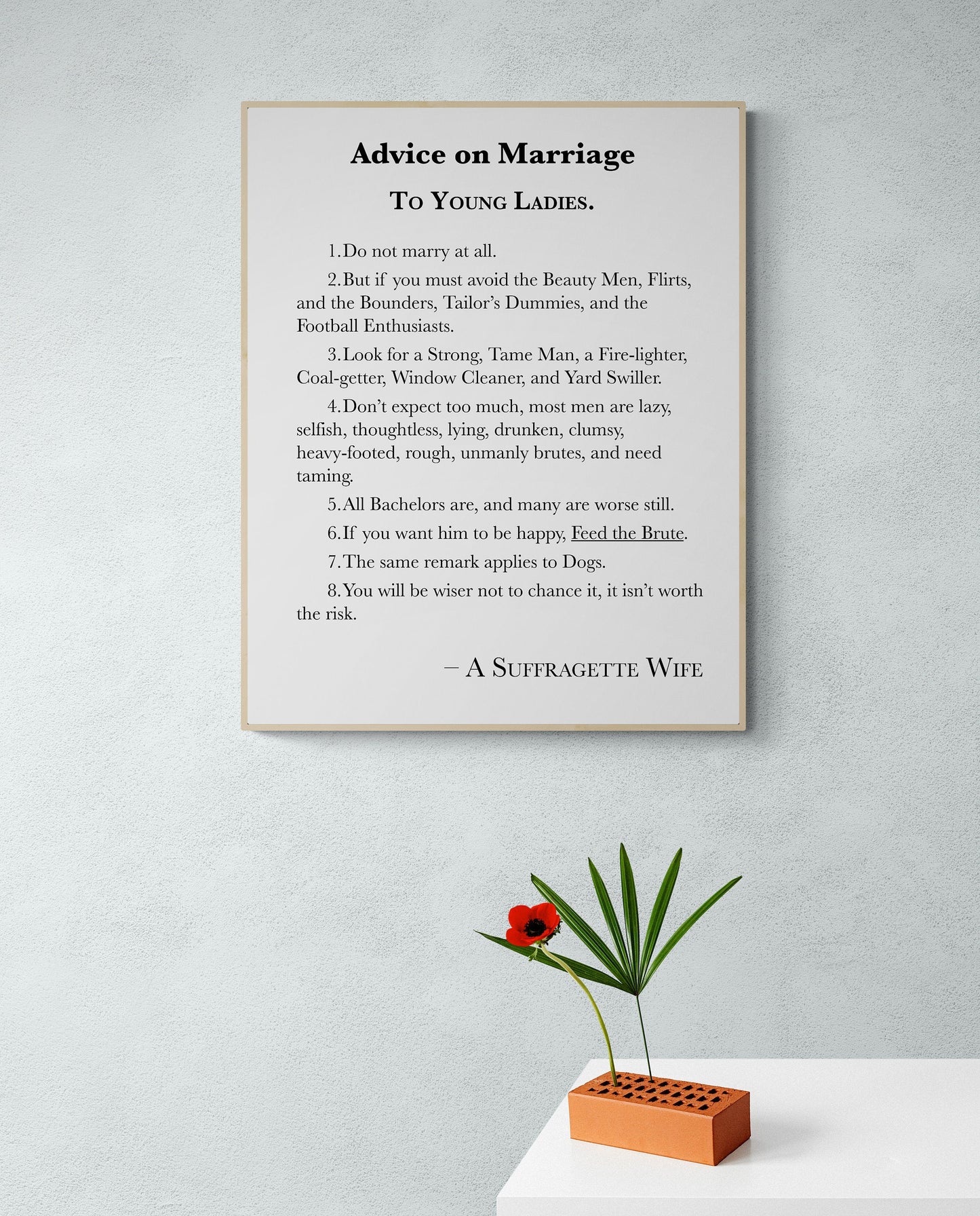 Empowered Elegance: 1918 Suffragette Marriage Advice Typography Print
