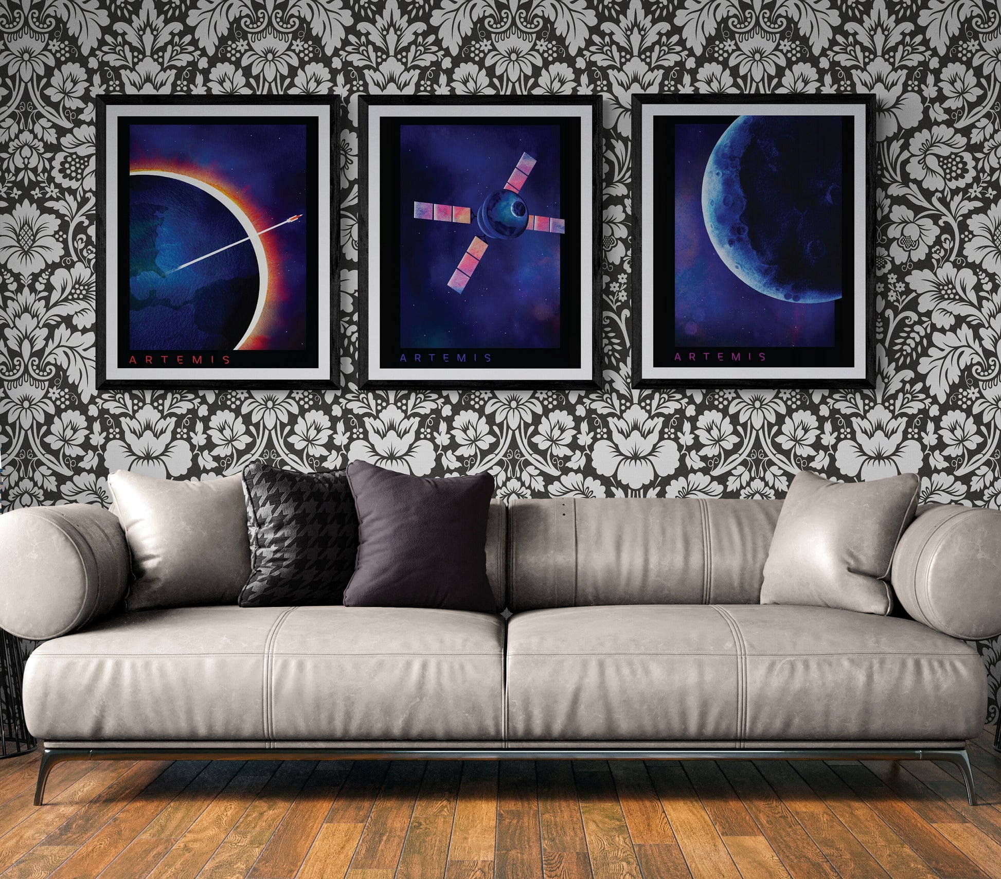 Triptych Artemis Mission Approach | Set of 3 Watercolor Lunar Art Prints | NASA Art Print
