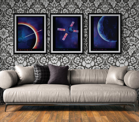 Triptych Artemis Mission Approach | Set of 3 Watercolor Lunar Art Prints | NASA Art Print