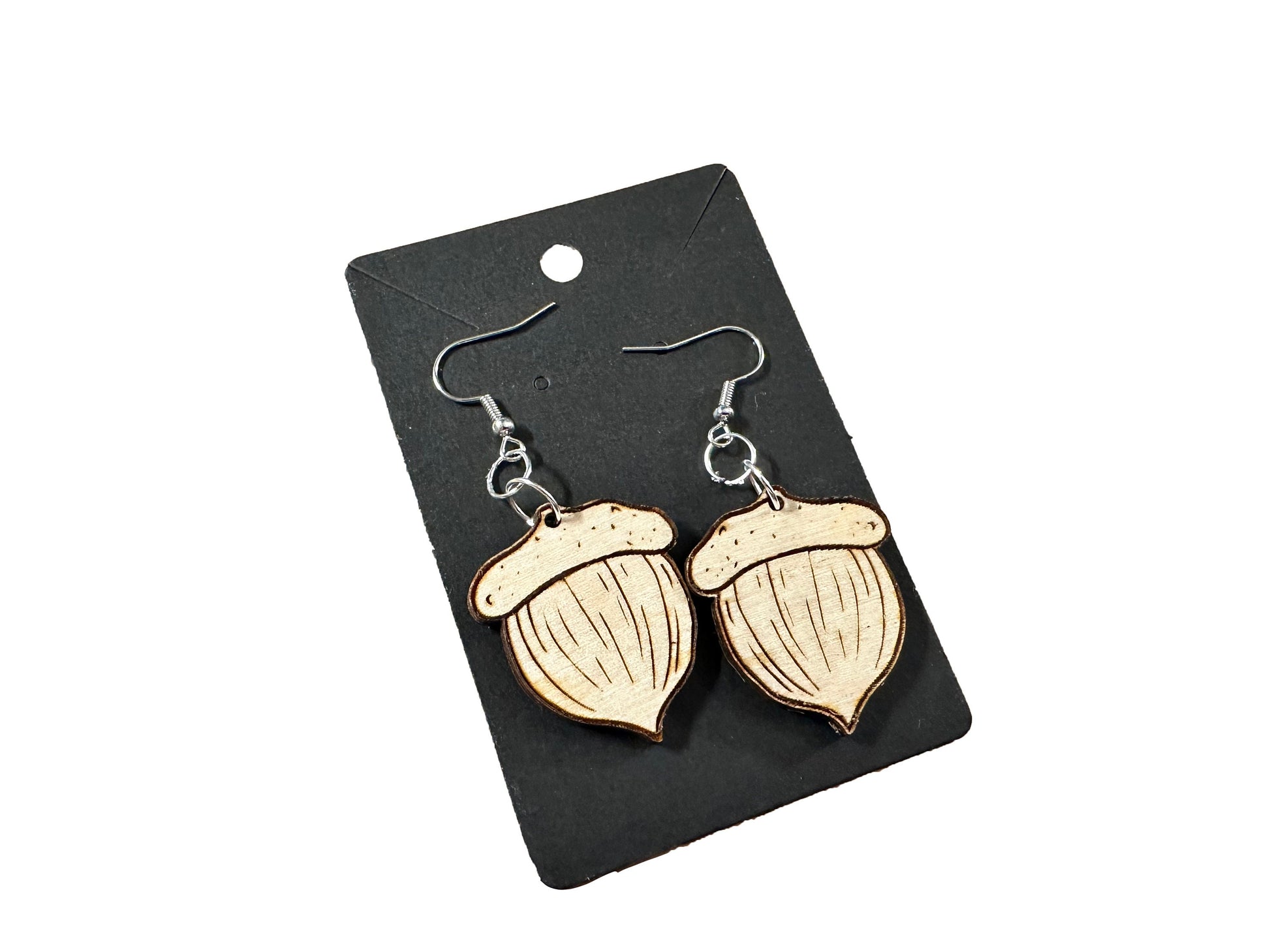 Engraved Baltic Birch Acorn Dangle Earrings | Autumn Whimsy on Sterling Silver