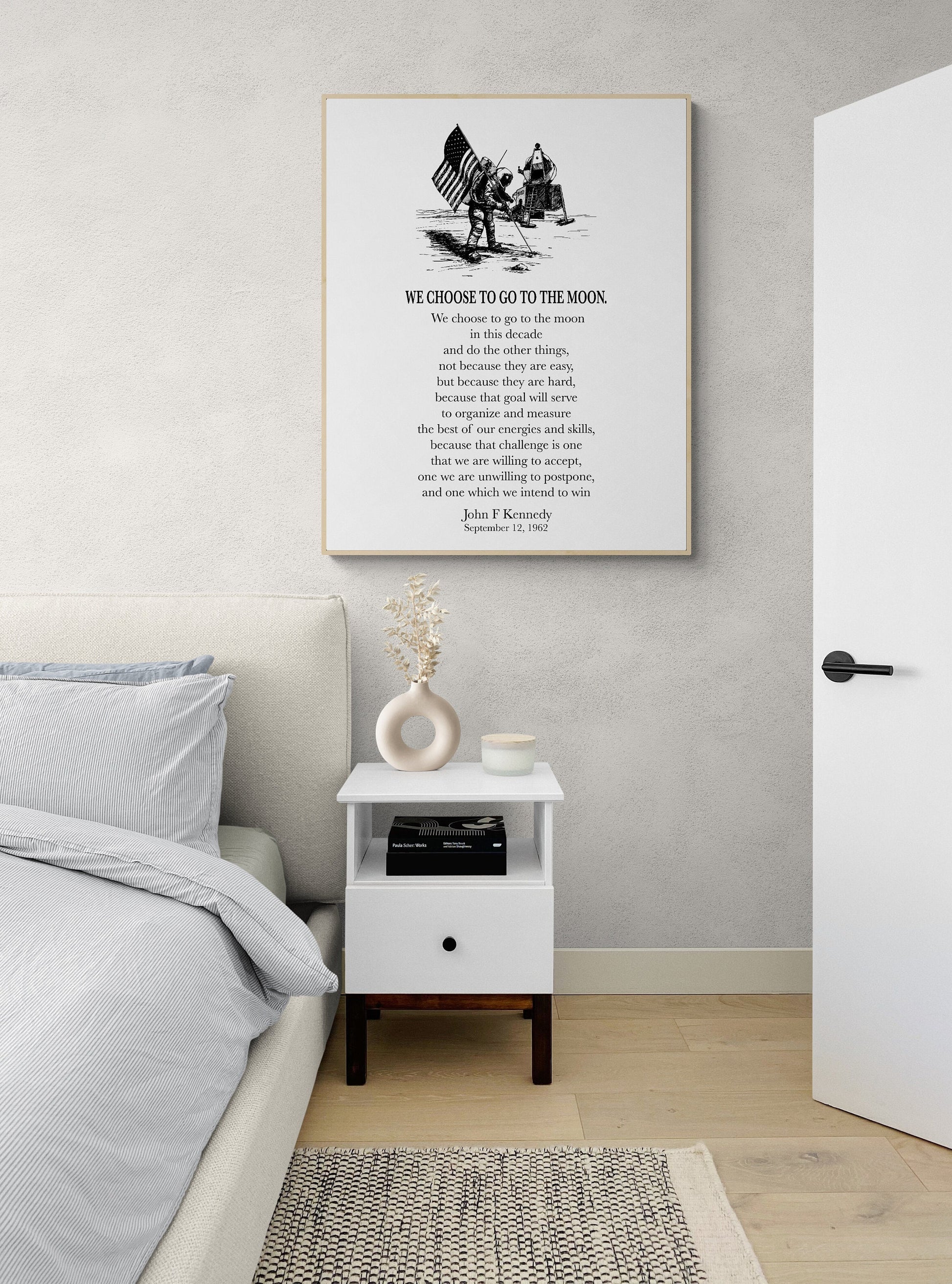 JFK Quote | We Choose To Go To The Moon | Neil Armstrong | Buzz Aldrin | Landing Modern Minimalist Art | Inspirational Print | Black & White