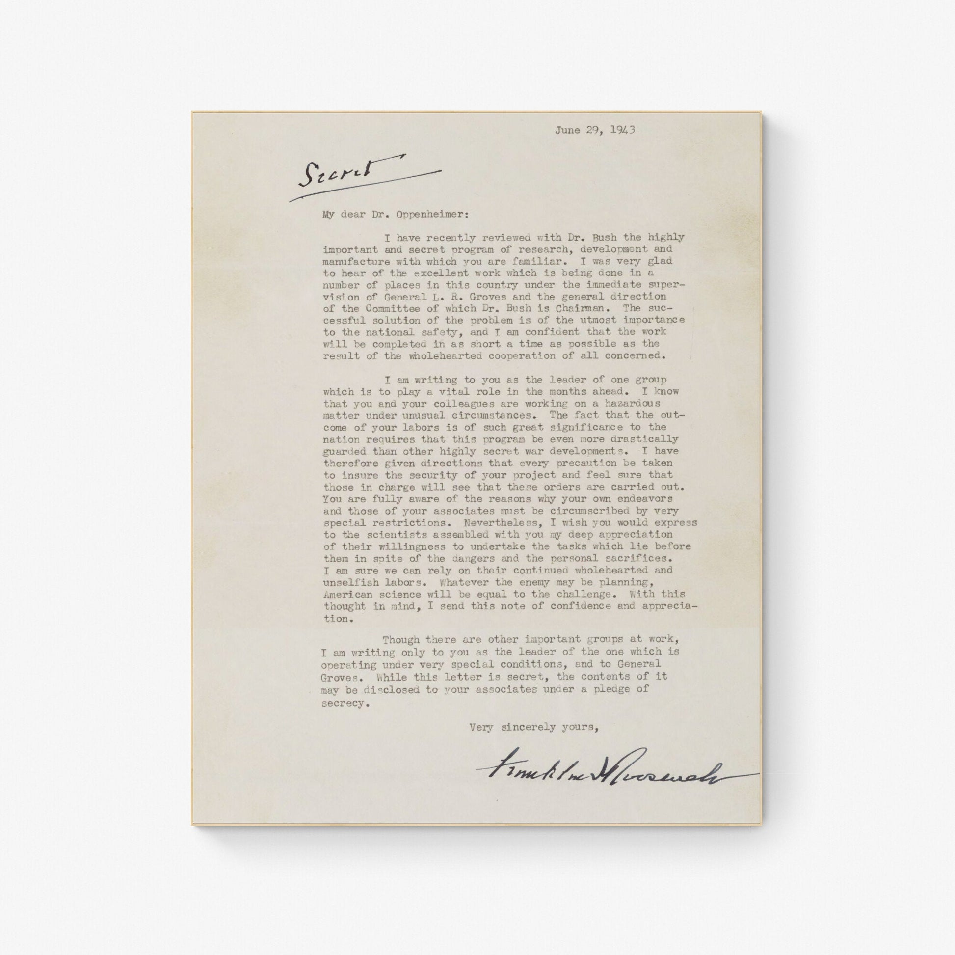 A Letter from FDR To Robert Oppenheimer from Franklin Delano Roosevelt Manhattan Project Original Draft World War 2 Art Print
