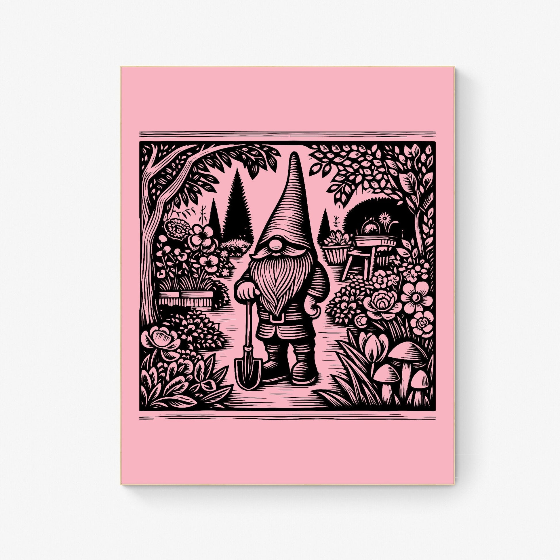 Whimsical Garden Gnome Quirky Botanical Garden Linograph Linocut Print
