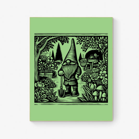 Whimsical Garden Gnome Quirky Botanical Garden Linograph Linocut Print