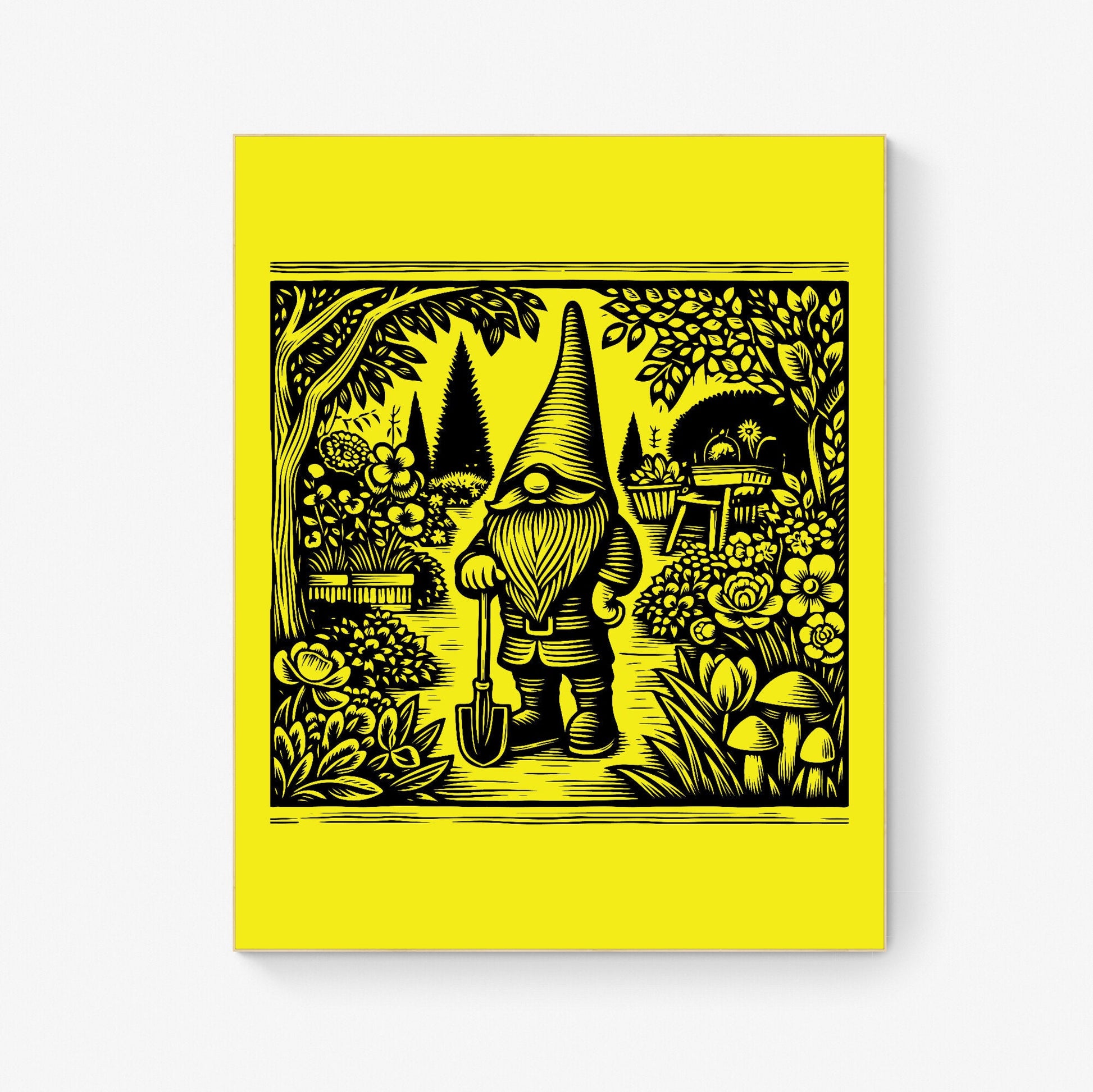 Whimsical Garden Gnome Quirky Botanical Garden Linograph Linocut Print