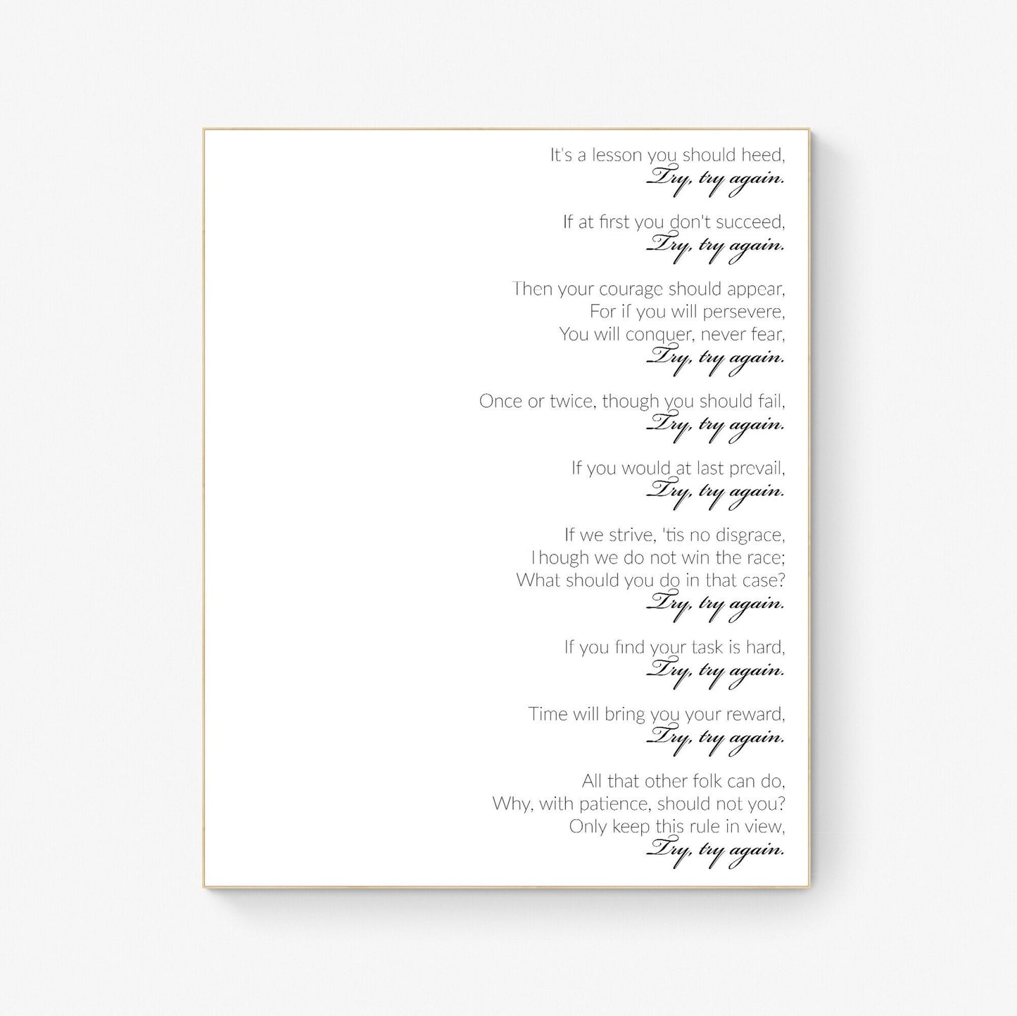 Try Try Again by William Edward Hickson Full Text Poem Inspirational Children's Bedroom Living Room Classroom Typography Art Print