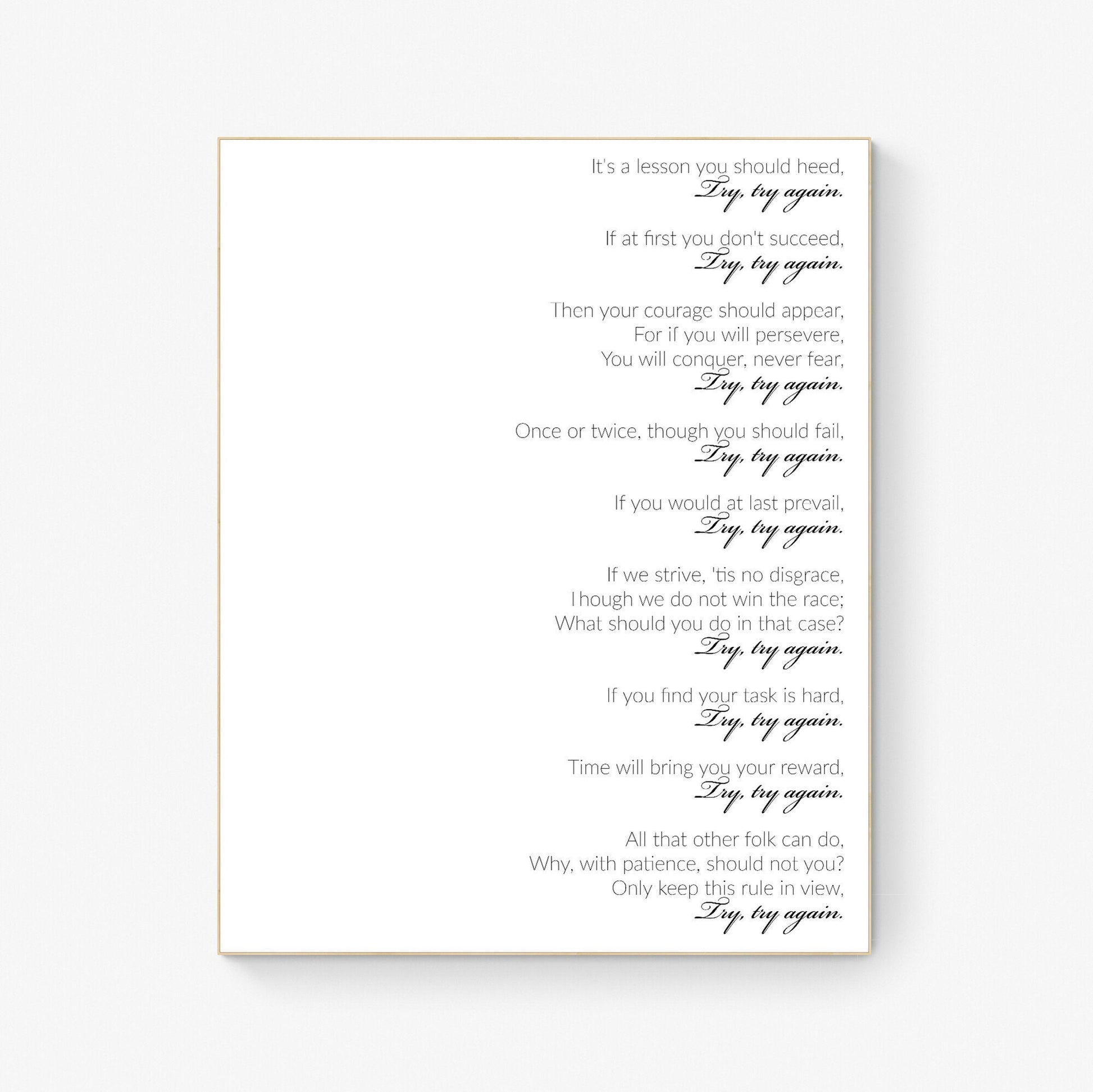 Try Try Again by William Edward Hickson Full Text Poem Inspirational Children's Bedroom Living Room Classroom Typography Art Print