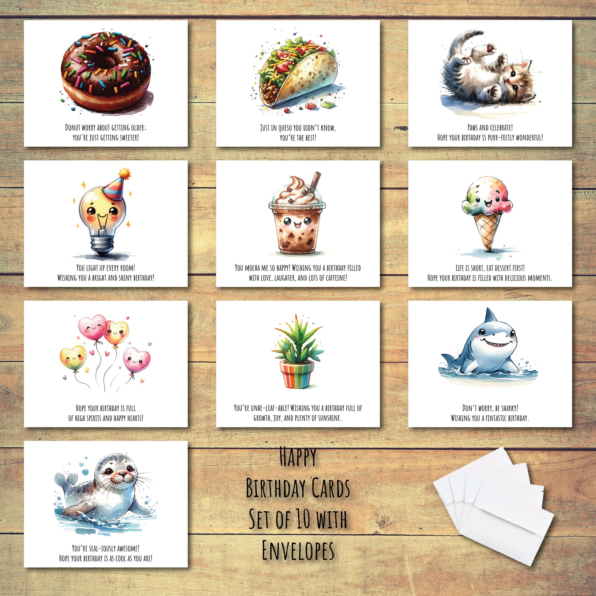 Watercolor Happy Birthday Cards | Set of 10 Letters | Blank Inside | Unique Custom Gift | High-Quality Card Stock with Envelope