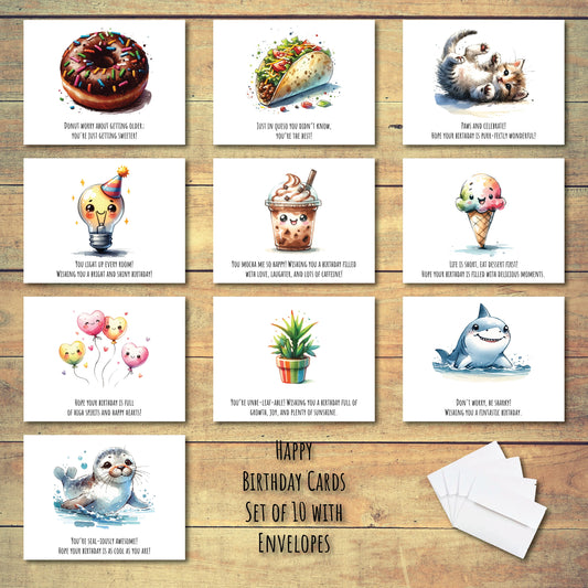 Watercolor Happy Birthday Cards | Set of 10 Letters | Blank Inside | Unique Custom Gift | High-Quality Card Stock with Envelope