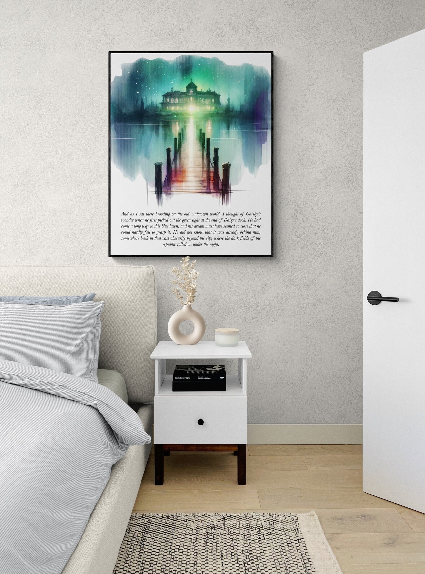 The Great Gatsby Quote Art Print | Green Light At The End Of Daisy's Dock | F. Scott Fitzgerald | Literary Home Decor | Watercolor Poster