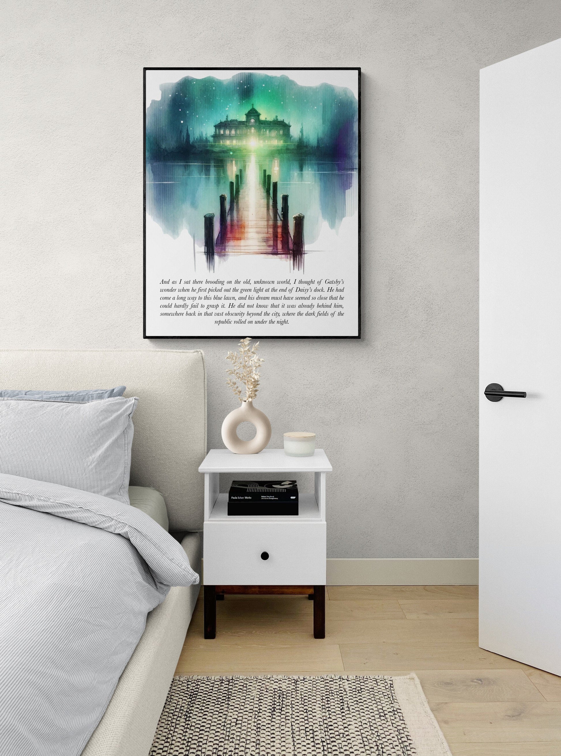 The Great Gatsby Quote Art Print | Green Light At The End Of Daisy's Dock | F. Scott Fitzgerald | Literary Home Decor | Watercolor Poster
