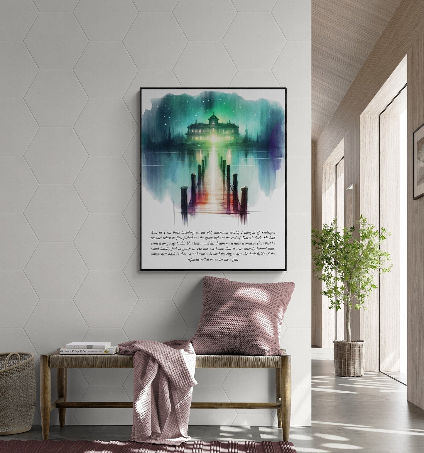 The Great Gatsby Quote Art Print | Green Light At The End Of Daisy's Dock | F. Scott Fitzgerald | Literary Home Decor | Watercolor Poster