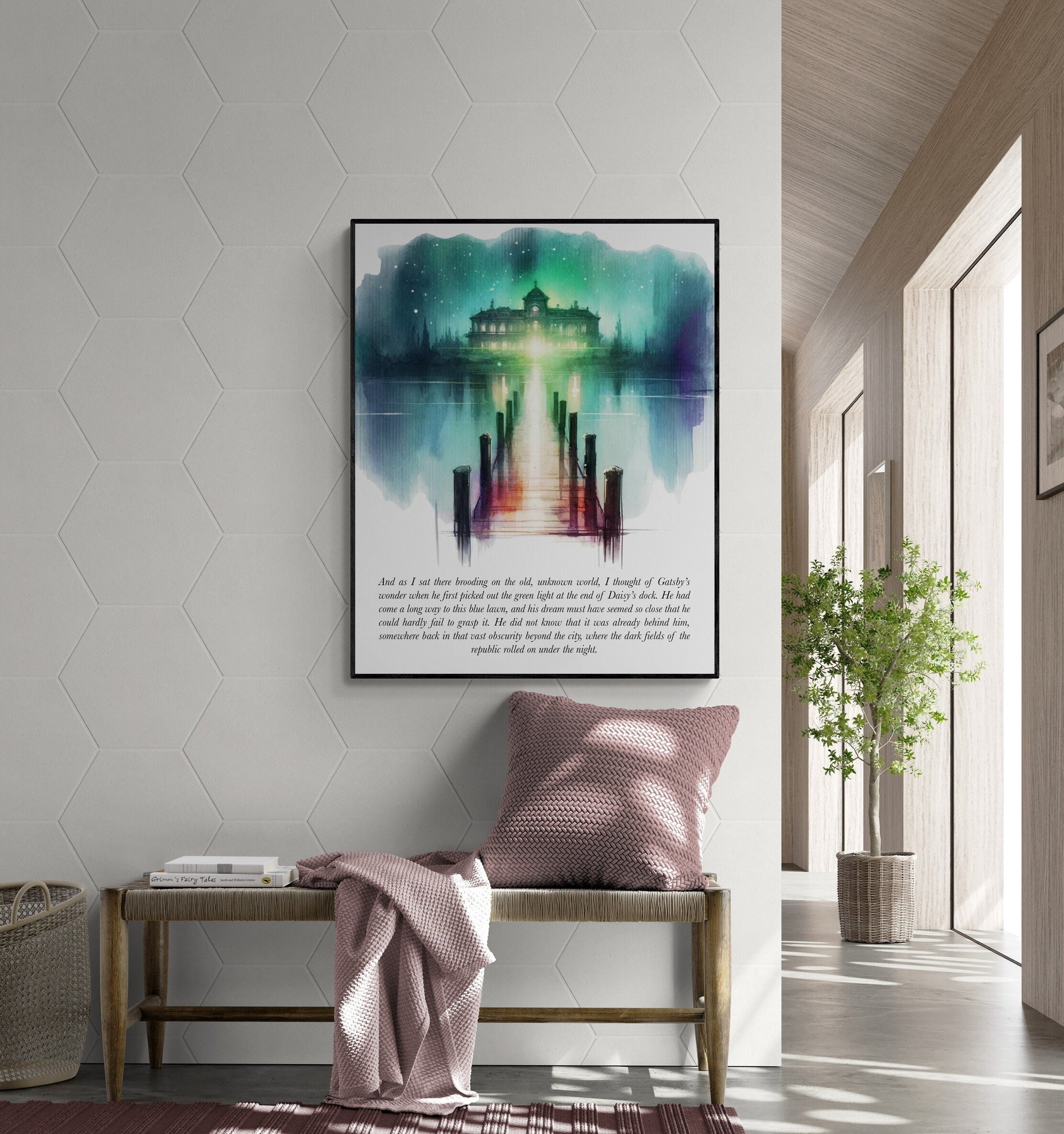 The Great Gatsby Quote Art Print | Green Light At The End Of Daisy's Dock | F. Scott Fitzgerald | Literary Home Decor | Watercolor Poster