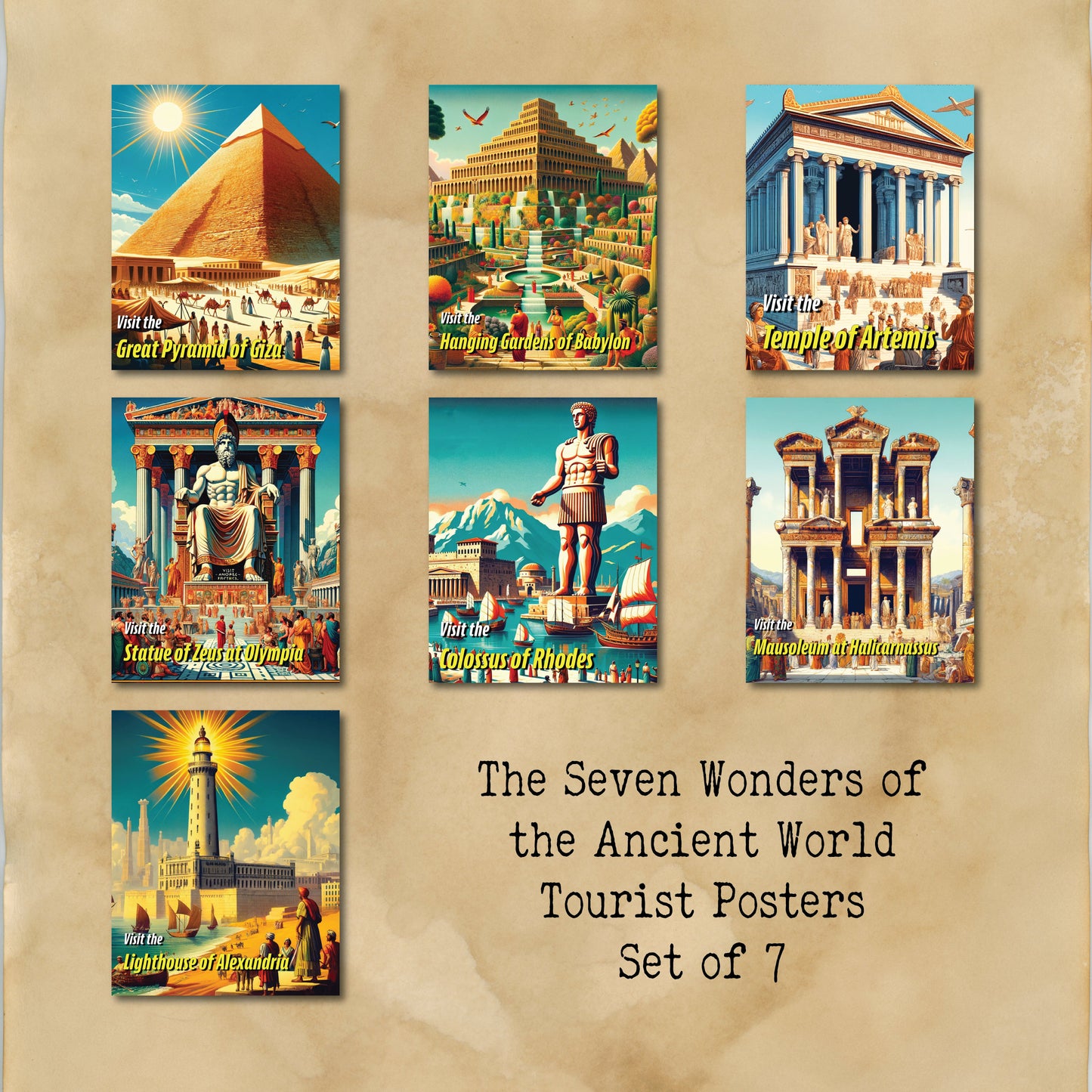 Seven Wonders of the Ancient World Tourist Poster | Travel | Cultural Home Decor | History | Wall Art Print