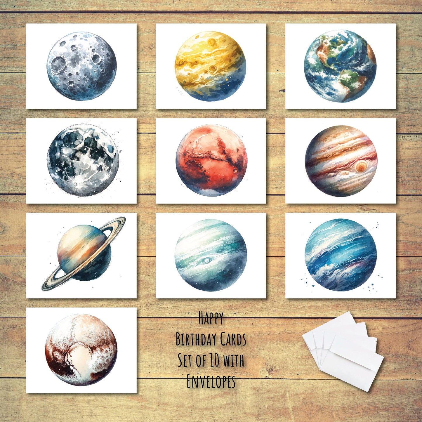 Space Themed Planets Watercolor Happy Birthday Cards | Set of 10 Letters | Blank Inside | High-Quality Card Stock with Envelope