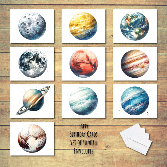 Space Themed Planets Watercolor Happy Birthday Cards | Set of 10 Letters | Blank Inside | High-Quality Card Stock with Envelope