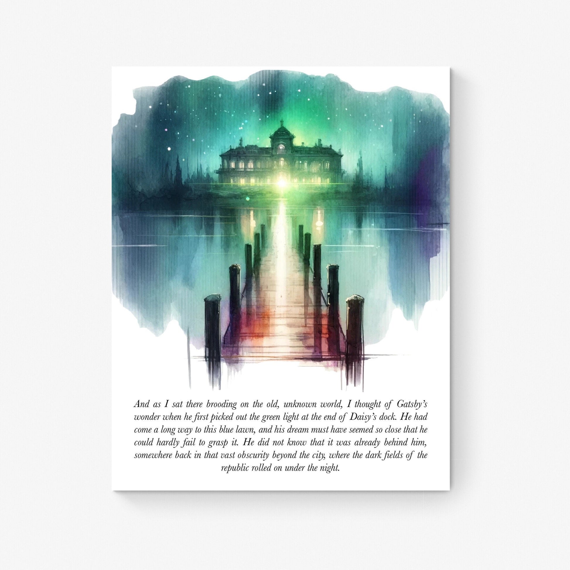 The Great Gatsby Quote Art Print | Green Light At The End Of Daisy's Dock | F. Scott Fitzgerald | Literary Home Decor | Watercolor Poster
